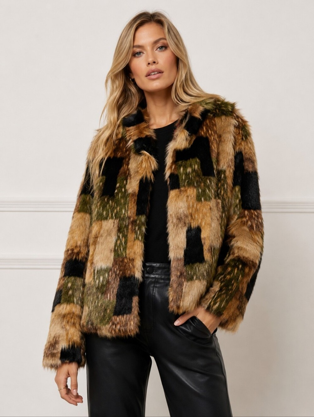 Adrienne Landau Patchwork Faux Fur Jacket NWT Small